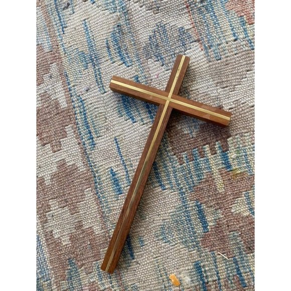 Mid Century Wood and Goldtone Inset Cross Crucifix 10" by 6" - Picture 7 of 10